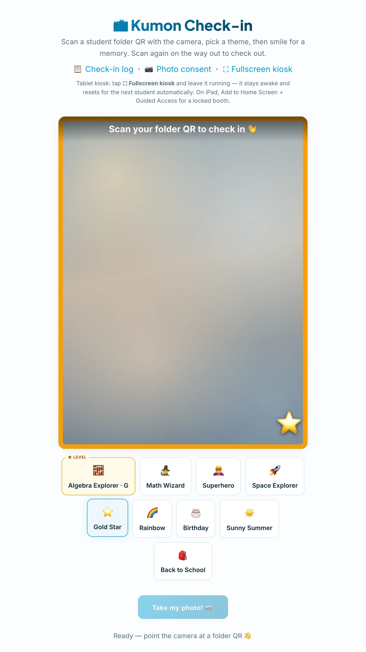The isolace check-in kiosk on a tablet: the camera view asking a student to scan their folder QR, with the prop picker below it.