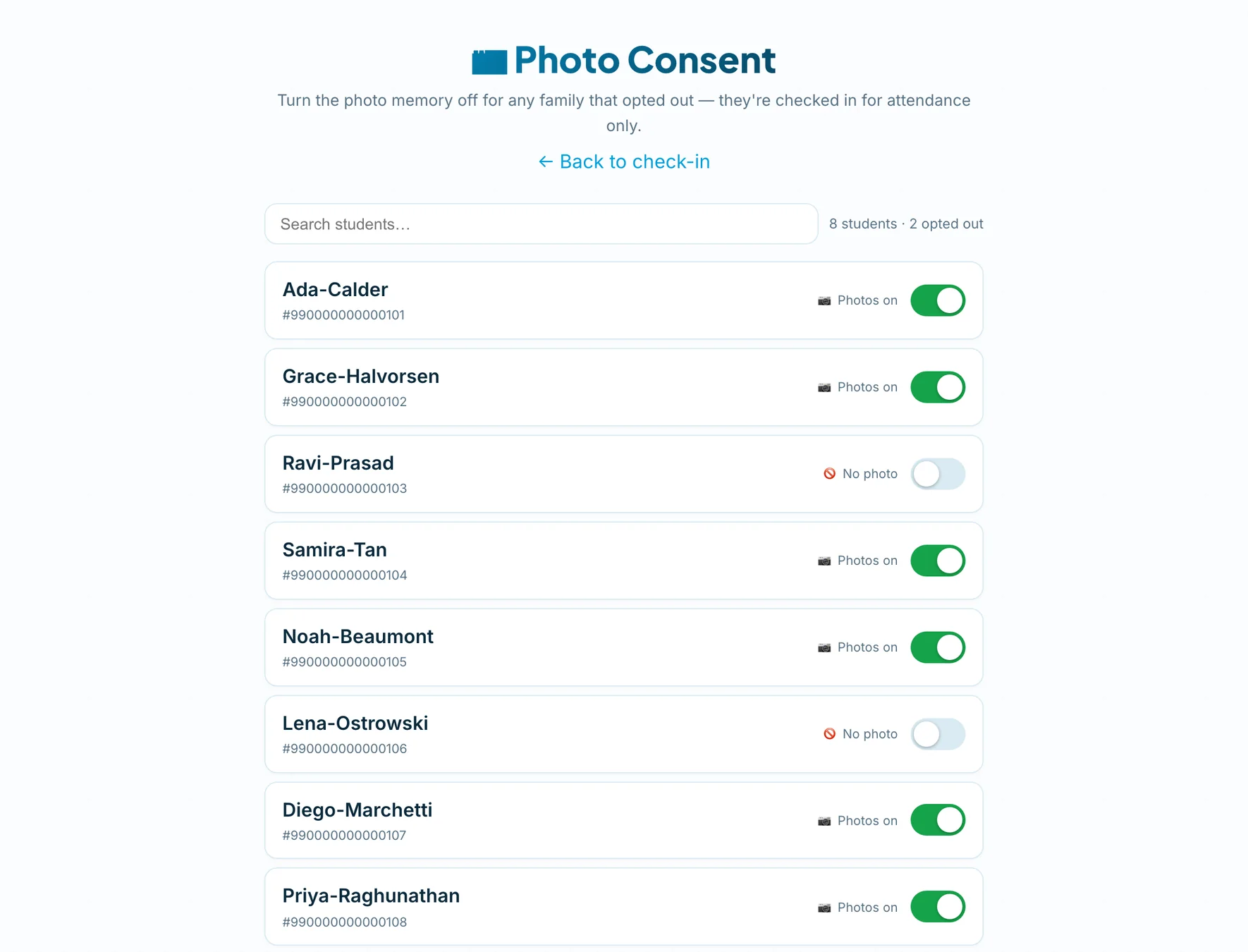 The isolace photo consent screen: one row per student with a switch reading Photos on or No photo, and a count of how many families have opted out.