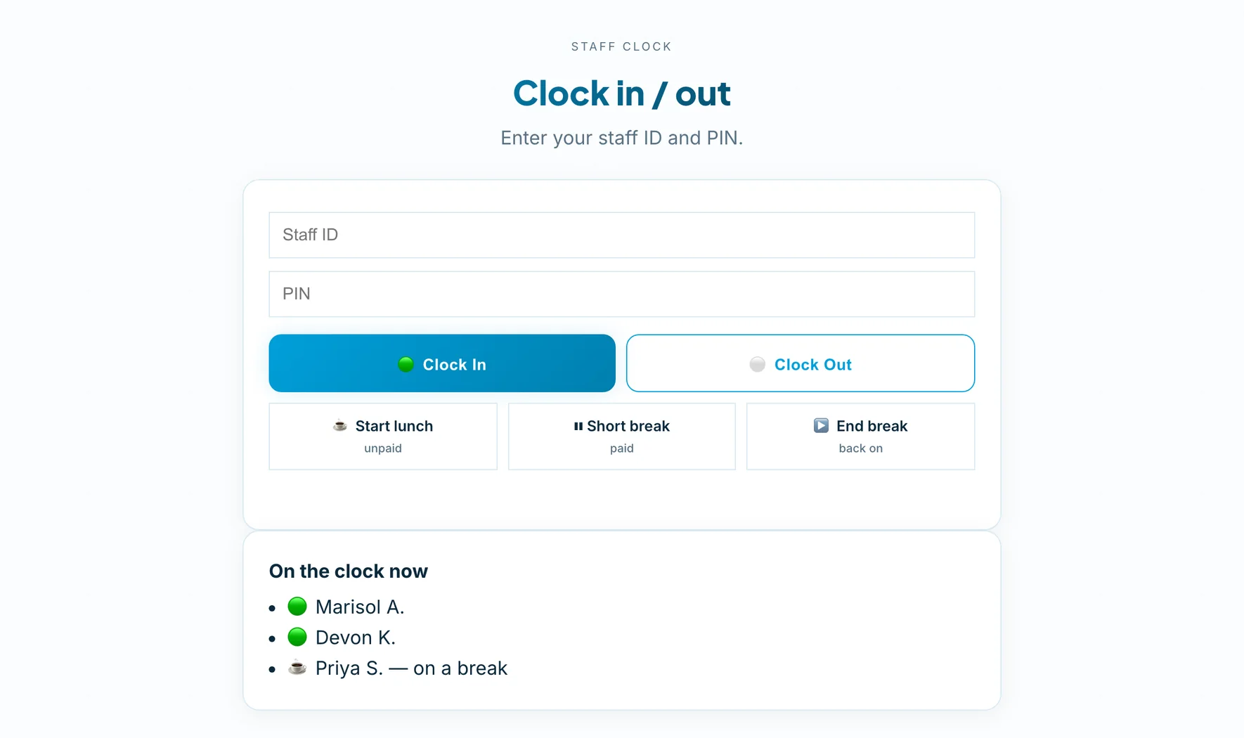 The isolace staff clock: staff ID and PIN fields, Clock In and Clock Out buttons, break controls, and a list of who is on the clock right now.